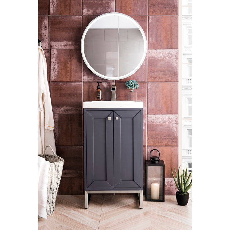 James Martin Chianti 20" Single Vanity Cabinet Mineral Gray Brushed Nickel with White Glossy Resin Countertop E303-V20-MG-BNK-WG
