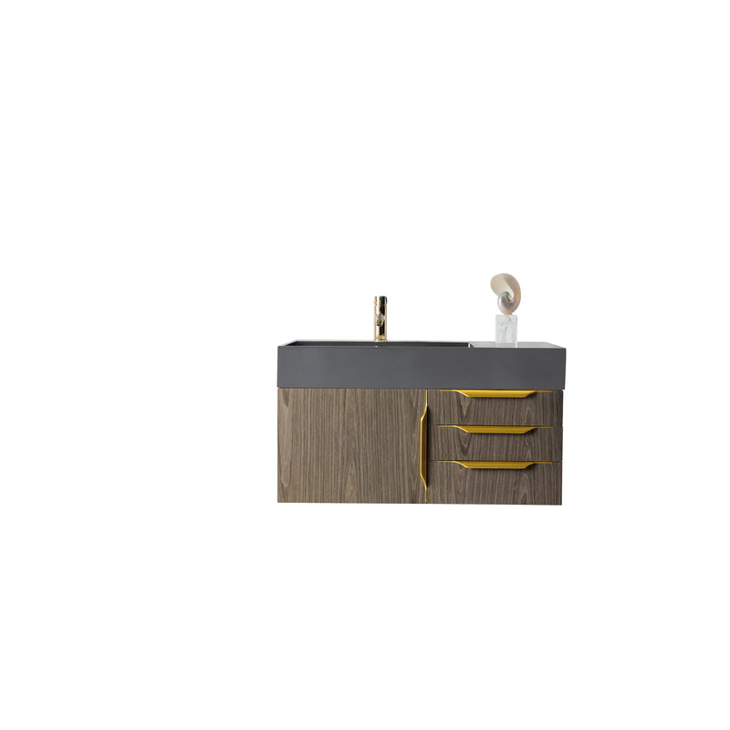 James Martin Mercer Island 36" Single Vanity Ash Gray Radiant Gold with Dusk Grey Glossy Composite Top 389-V36-AGR-G-DGG