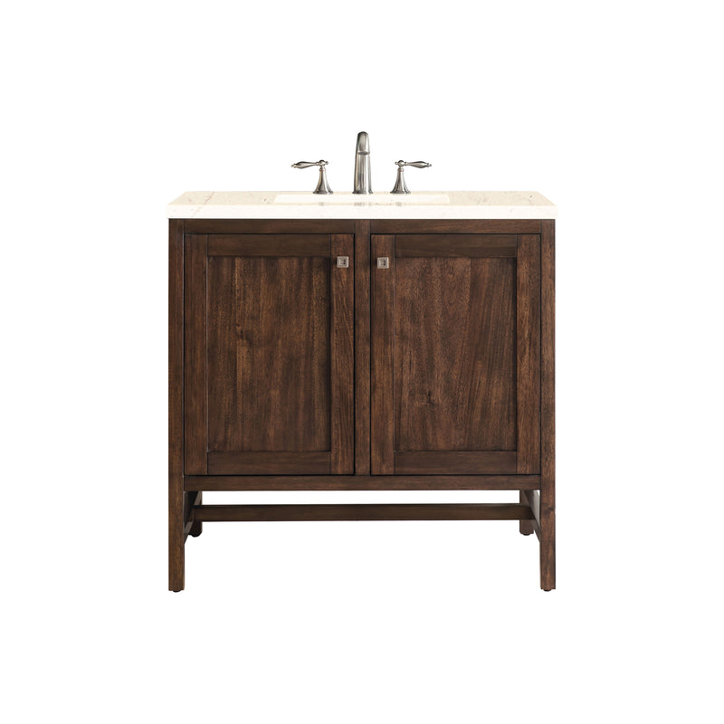 James Martin Addison 36" Single Vanity Cabinet with Doors Mid Century Acacia with 3 cm Eternal Marfil Quartz Top E445-V36-MCA-3EMR