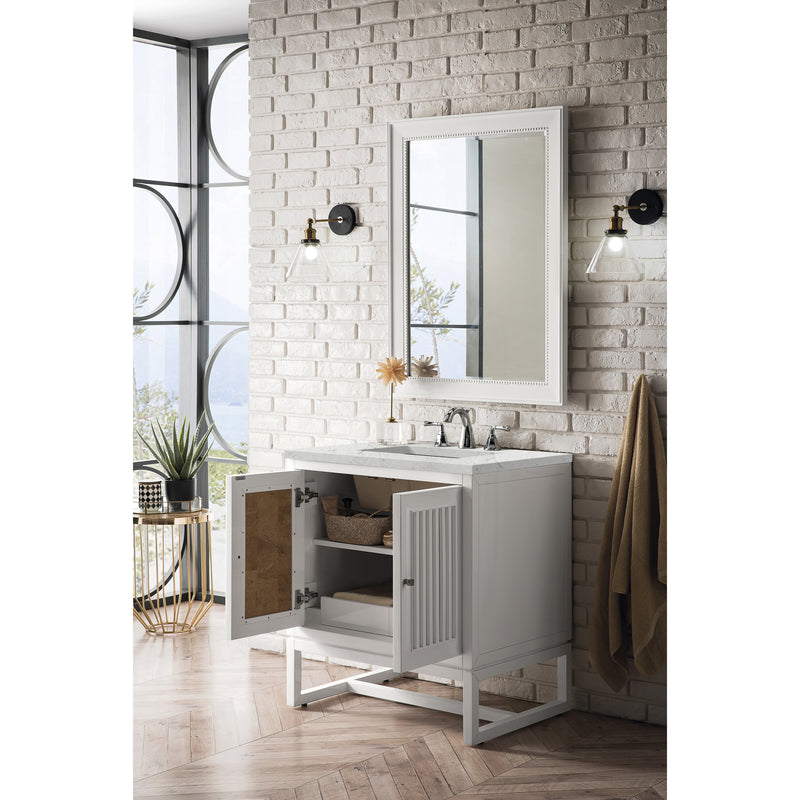 James Martin Athens 30" Single Vanity Cabinet Glossy White with 3 cm Eternal Jasmine Pearl Quartz Top E645-V30-GW-3EJP