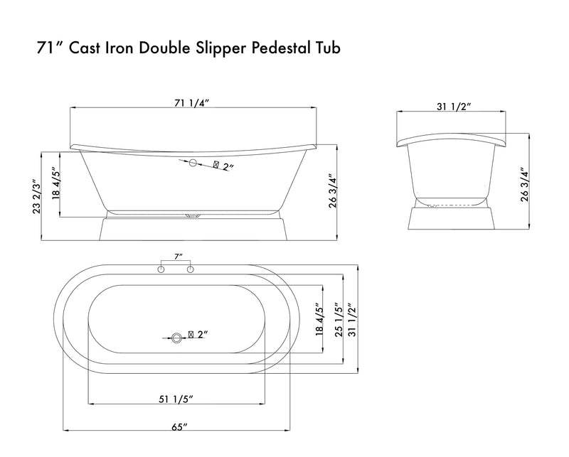 Cambridge Plumbing Cast Iron Double Ended Slipper Tub 71" x 30" 7" Deck Mount Faucet Drill