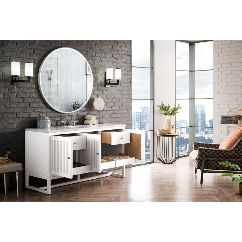 James Martin Athens 60" Single Vanity Cabinet Glossy White with 3 cm Eternal Jasmine Pearl Quartz Top E645-V60S-GW-3EJP