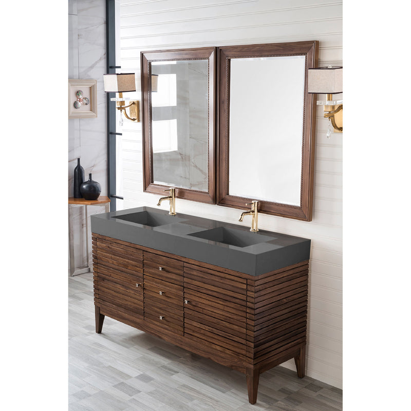 James Martin Linear 59" Double Vanity Mid Century Walnut with Dusk Gray Glossy Composite Top 210-V59D-WLT-DGG