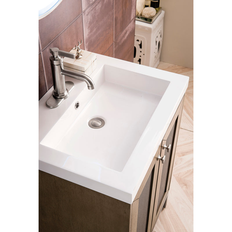 James Martin Chianti 24" Single Vanity Cabinet Whitewashed Walnut Brushed Nickel with White Glossy Resin Countertop E303-V24-WW-BNK-WG