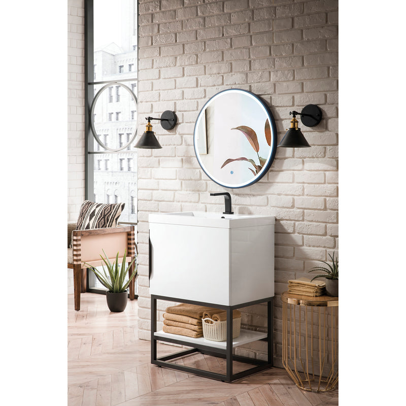 James Martin Columbia 24" Single Vanity Cabinet Glossy White Matte Black with White Glossy Resin Countertop 388-V24-GW-MBK-WG