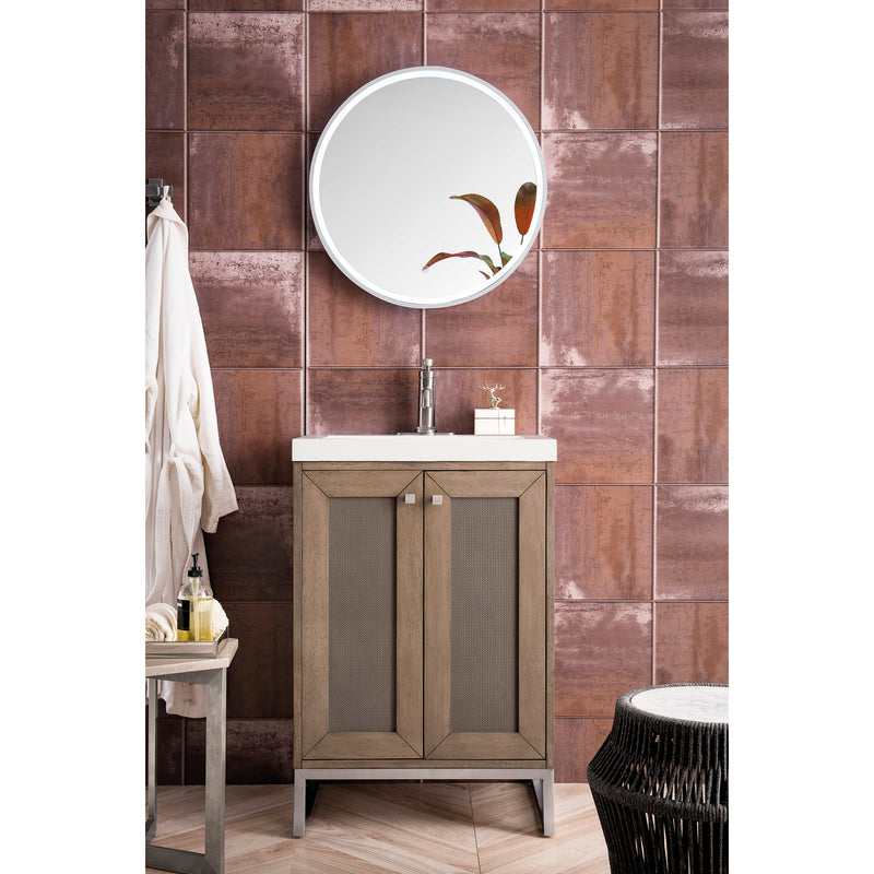 James Martin Chianti 24" Single Vanity Cabinet Whitewashed Walnut Brushed Nickel with White Glossy Resin Countertop E303-V24-WW-BNK-WG