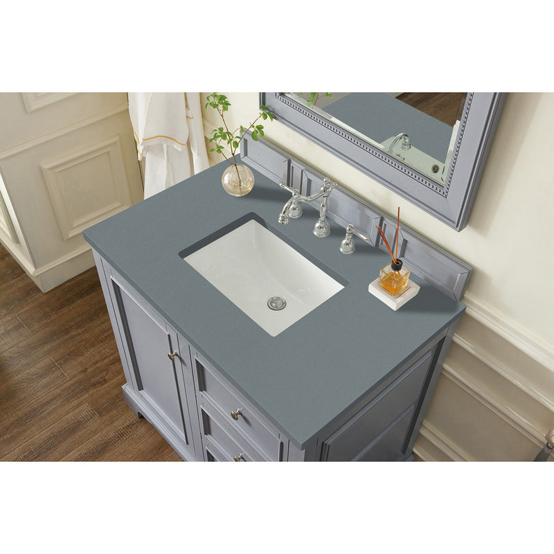 James Martin De Soto 36" Single Vanity Silver Gray with 3 cm Cala Blue Quartz Top 825-V36-SL-3CBL