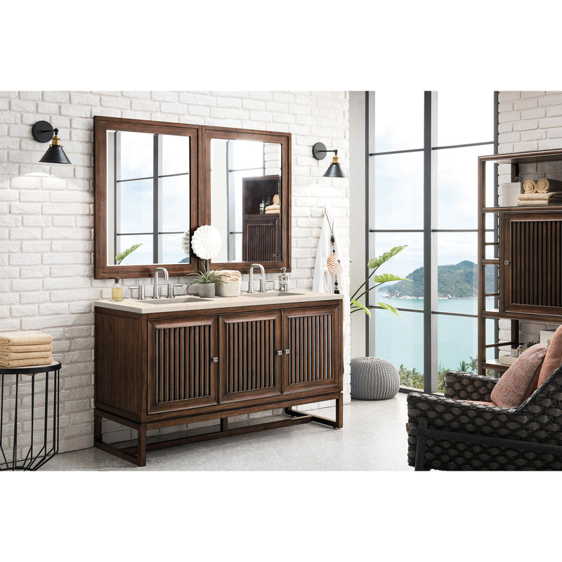 James Martin Athens 60" Double Vanity Cabinet Mid Century Acacia with 3 cm Eternal Marfil Top E645-V60D-MCA-3EMR