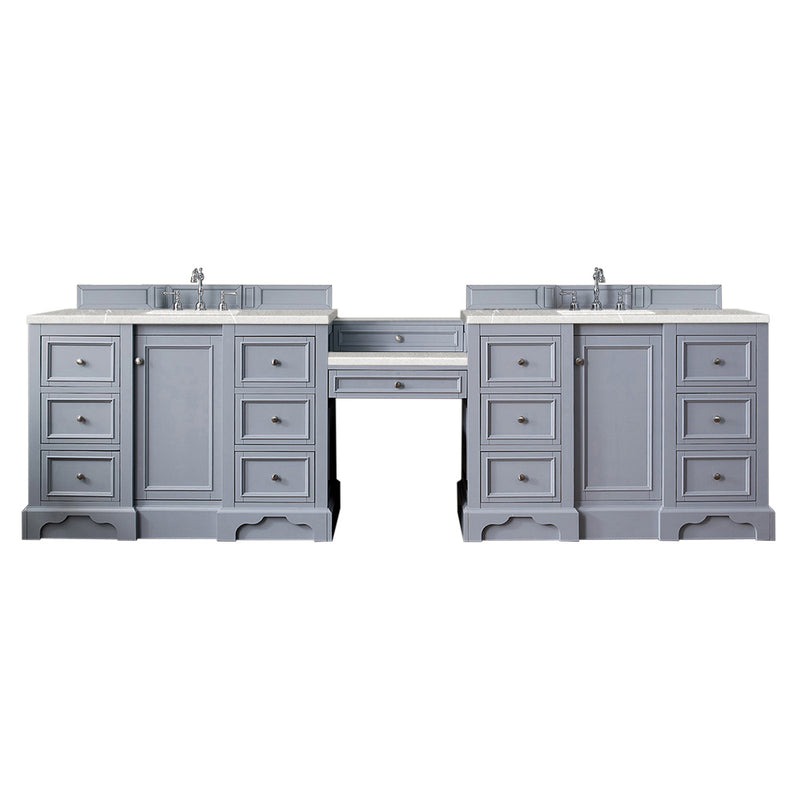 James Martin De Soto 118" Double Vanity Set Silver Gray with Makeup Table 3 cm Eternal Serena Quartz Top 825-V118-SL-DU-ESR