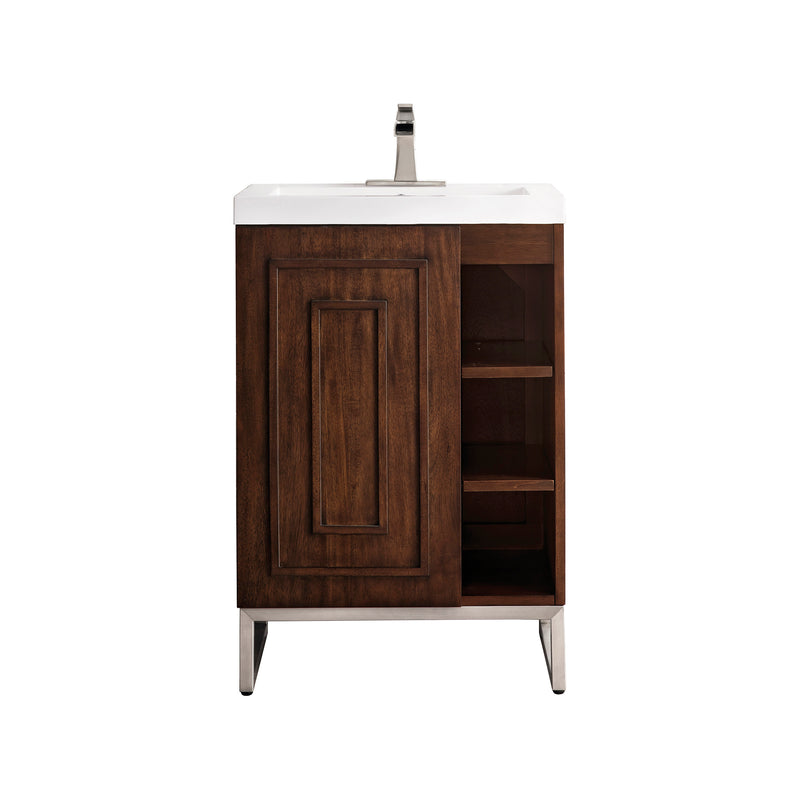 James Martin Alicante' 24" Single Vanity Cabinet Mid Century Acacia Brushed Nickel with White Glossy Resin Countertop E110-V24-MCA-BNK-WG