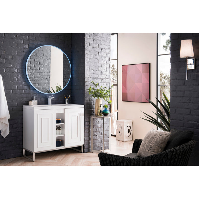 James Martin Alicante' 39.5" Single Vanity Cabinet Glossy White Brushed Nickel with White Glossy Resin Countertop E110-V39.5-GW-BNK-WG