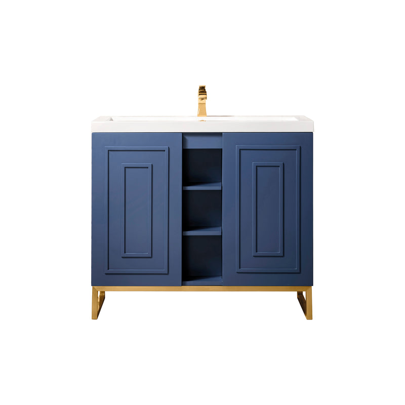 James Martin Alicante' 39.5" Single Vanity Cabinet Azure Blue Radiant Gold with White Glossy Resin Countertop E110-V39.5-AZB-RGD-WG