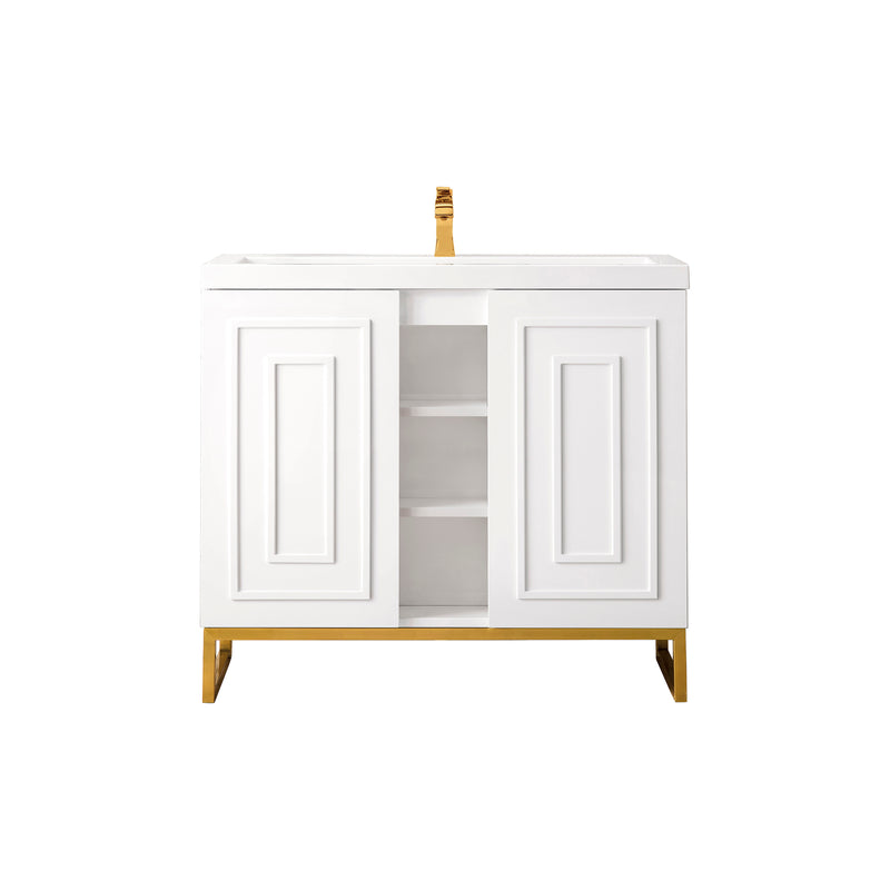 James Martin Alicante' 39.5" Single Vanity Cabinet Glossy White Radiant Gold with White Glossy Resin Countertop E110-V39.5-GW-RGD-WG