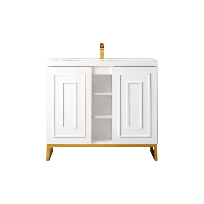 James Martin Alicante' 39.5" Single Vanity Cabinet Glossy White Radiant Gold with White Glossy Composite Countertop E110V39.5GWRGDWG