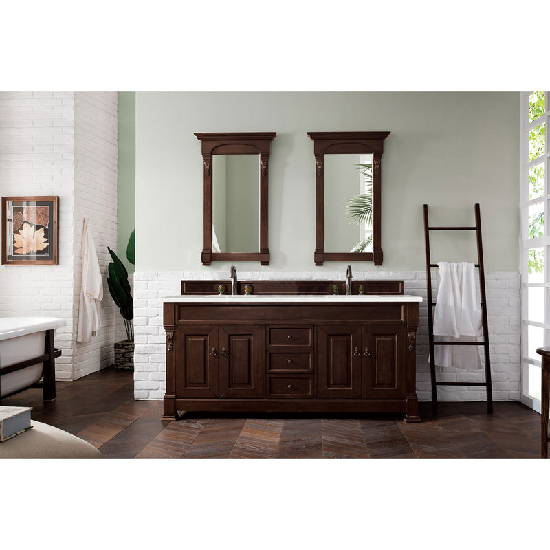 James Martin Brookfield 72" Burnished Mahogany Double Vanity with 3 cm Eternal Serena Quartz Top 147-114-5761-3ESR