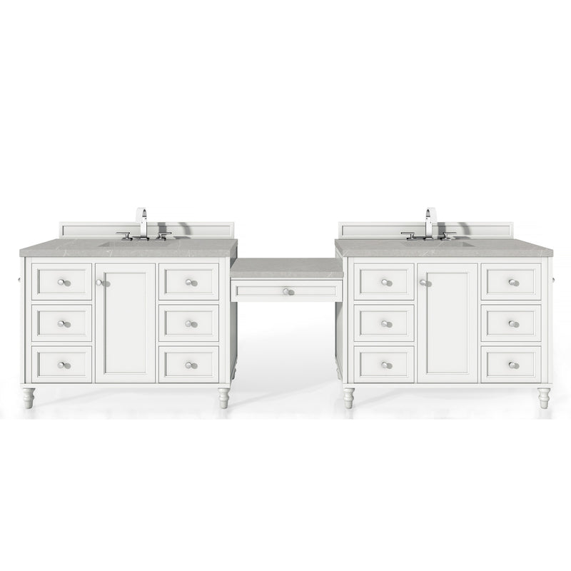 James Martin Copper Cove Encore 122" Double Vanity Set Bright White with Makeup Table 3 cm Eternal Serena Quartz Top 301-V122-BW-DU-3ESR