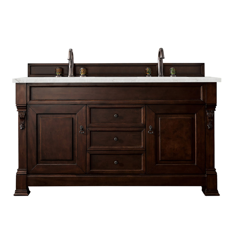 James Martin Brookfield 60" Burnished Mahogany Double Vanity with 3 cm Eternal Jasmine Pearl Quartz Top 147-114-5661-3EJP