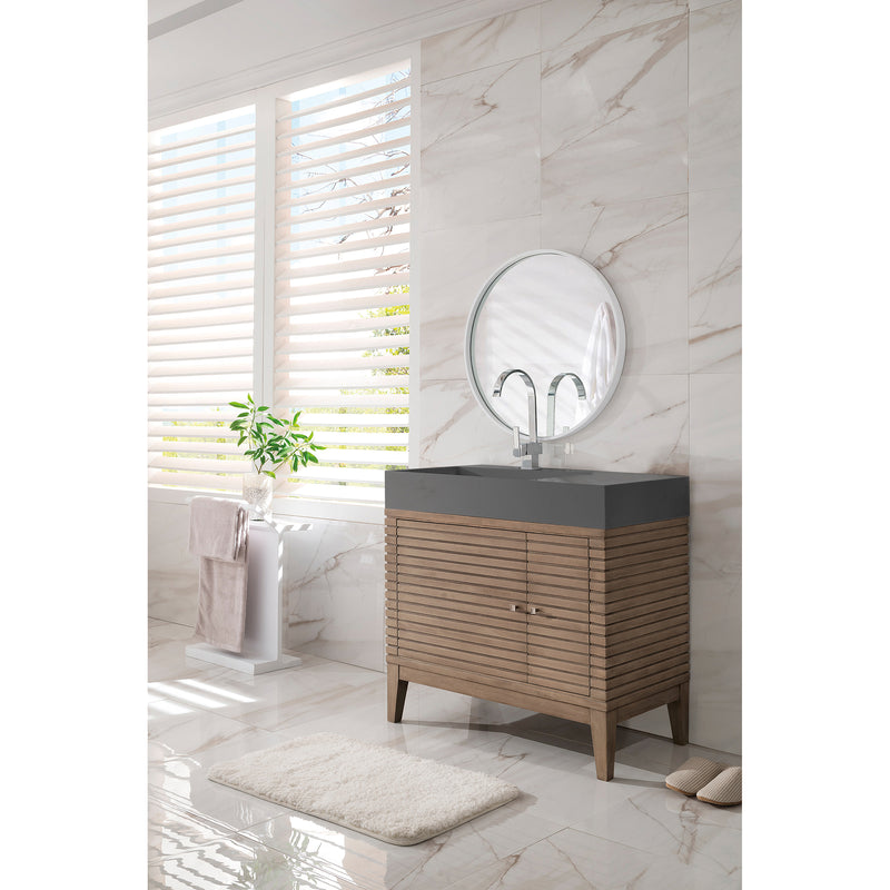 James Martin Linear 36" Single Vanity Whitewashed Walnut with Dusk Gray Glossy Composite Top 210-V36-WW-DGG