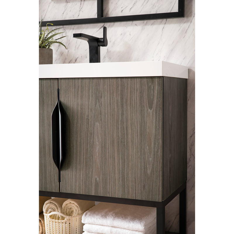 James Martin Columbia 31.5" Single Vanity Cabinet Ash Gray Matte Black with White Glossy Resin Countertop 388-V31.5-AGR-MBK-WG