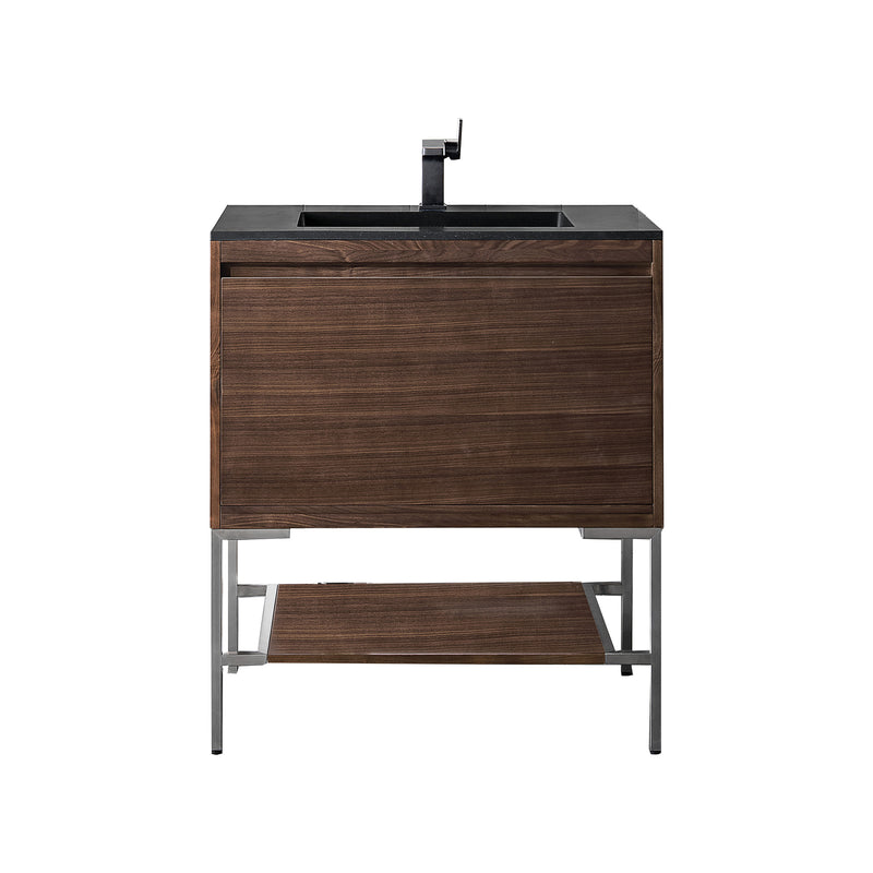 James Martin Milan 31.5" Single Vanity Cabinet Mid Century Walnut Brushed Nickel with Charcoal Black Composite Top 801V31.5WLTBNKCHB