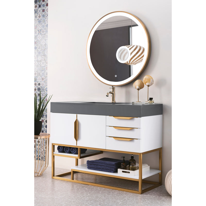 James Martin Columbia 48" Single Vanity Glossy White Radiant Gold with Dusk Gray Glossy Composite Top 388-V48-GW-RG-DGG