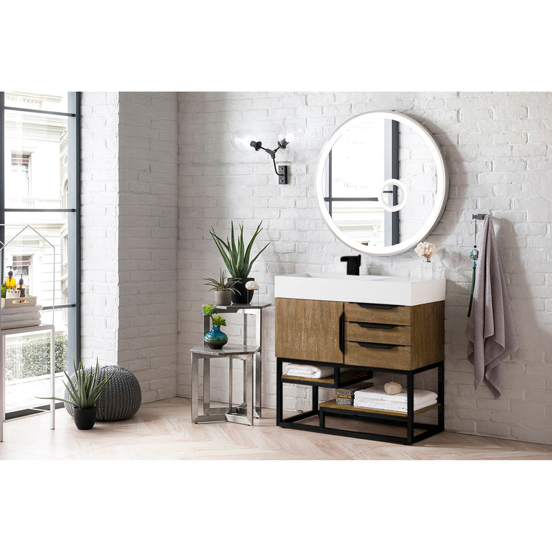 James Martin Columbia 36" Single Vanity Latte Oak Matte Black with Glossy White Composite Top 388-V36-LTO-MB-GW