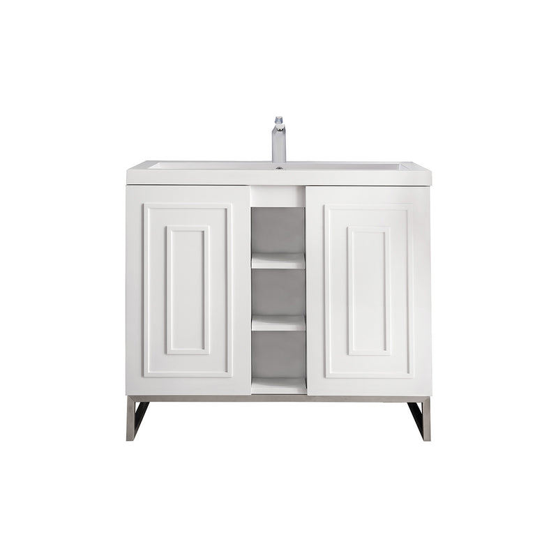 James Martin Alicante' 39.5" Single Vanity Cabinet Glossy White Brushed Nickel with White Glossy Composite Countertop E110V39.5GWBNKWG