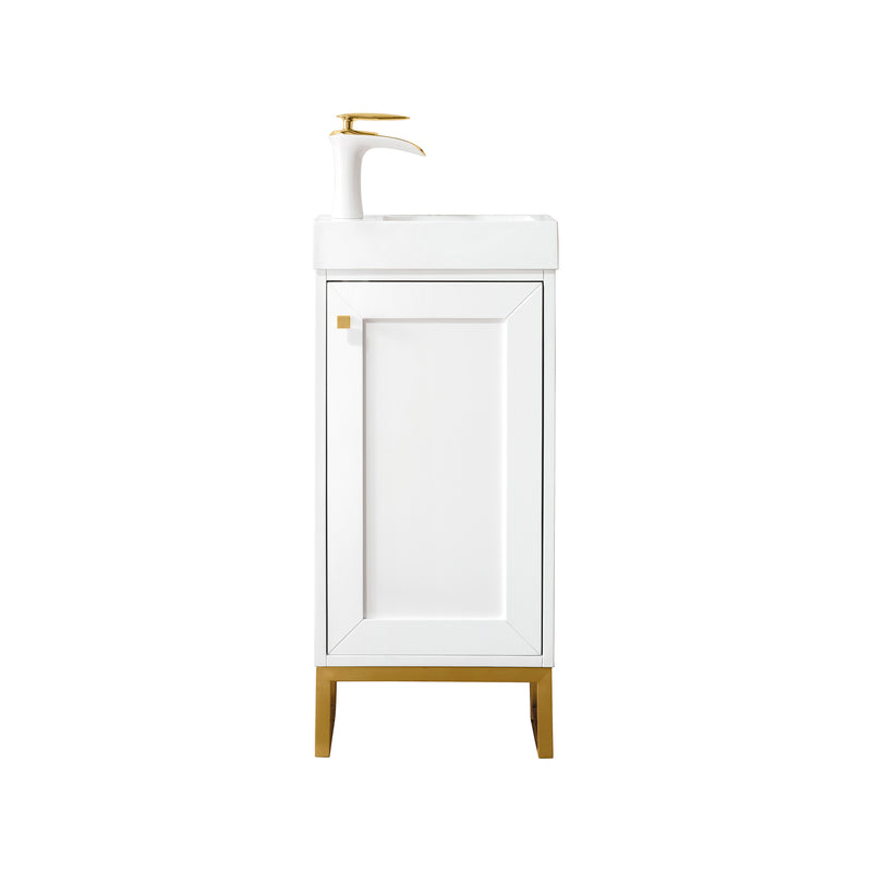 James Martin Chianti 16" Single Vanity Cabinet Glossy White Radiant Gold with White Glossy Resin Countertop E303-V16-GW-RGD-WG