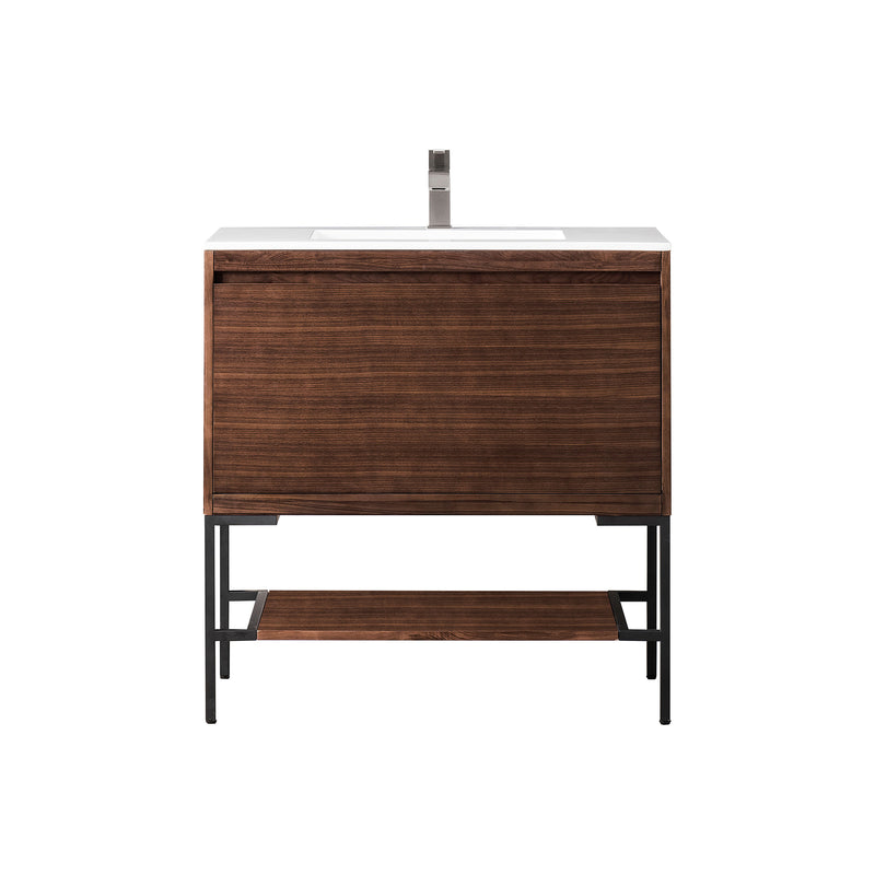 James Martin Milan 35.4" Single Vanity Cabinet Mid Century Walnut Matte Black with Glossy White Composite Top 801V35.4WLTMBKGW