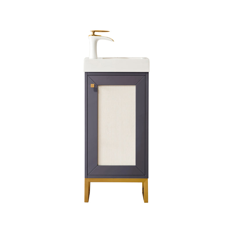 James Martin Chianti 16" Single Vanity Cabinet Mineral Grey Radiant Gold with White Glossy Resin Countertop E303-V16-MG-RGD-WG