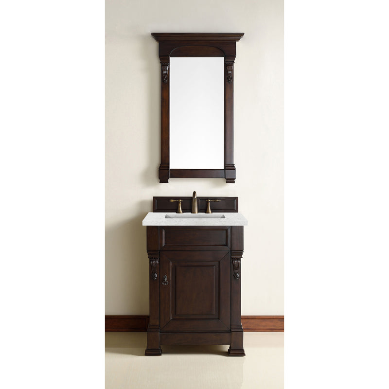 James Martin Brookfield 26" Burnished Mahogany Single Vanity with 3 cm Eternal Jasmine Pearl Quartz Top 147-114-V26-BNM-3EJP