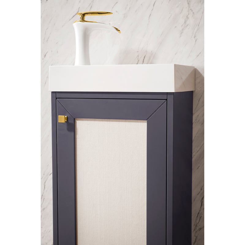 James Martin Chianti 16" Single Vanity Cabinet Mineral Gray Radiant Gold with White Glossy Resin Countertop E303-V16-MG-RGD-WG