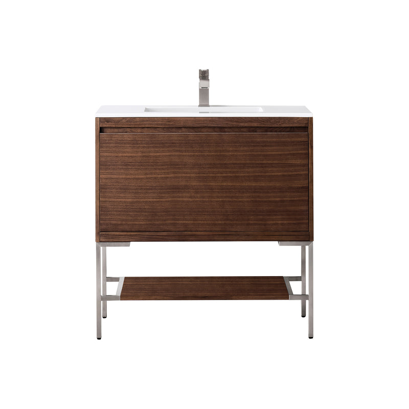 James Martin Milan 35.4" Single Vanity Cabinet Mid Century Walnut Brushed Nickel with Glossy White Composite Top 801V35.4WLTBNKGW