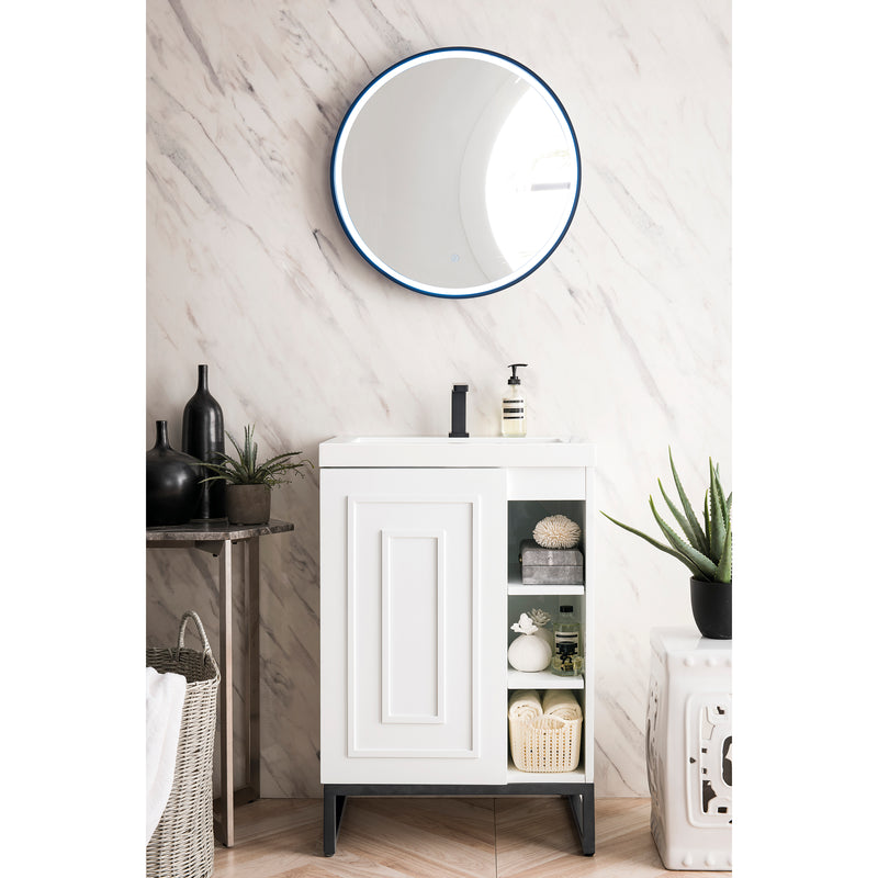 James Martin Alicante' 24" Single Vanity Cabinet Glossy White Matte Black with White Glossy Resin Countertop E110-V24-GW-MBK-WG