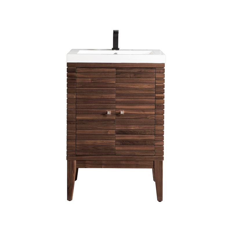 James Martin Linden 24" Single Vanity Cabinet Mid Century Walnut with White Glossy Resin Countertop E213-V24-WLT-WG