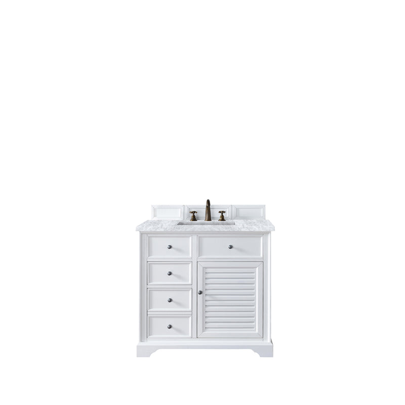 James Martin Savannah 36" Bright White Single Vanity with 3 cm Carrara Marble Top 238-104-V36-BW-3CAR