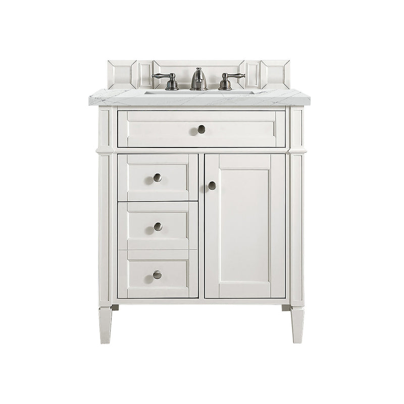 James Martin Brittany 30" Single Vanity Bright White with 3 cm Ethereal Noctis Quartz Top 650-V30-BW-3ENC