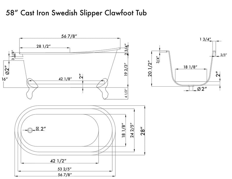 Cambridge Plumbing Cast Iron Swedish Slipper Tub 58" x 30" No Faucet Drillings BN Feet