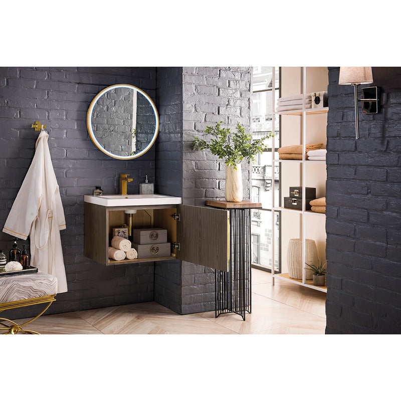 James Martin Columbia 24" Single Vanity Cabinet Ash Gray with White Glossy Composite Countertop 388V24AGRWG