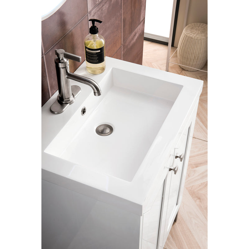 James Martin Chianti 24" Single Vanity Cabinet Glossy White Brushed Nickel with White Glossy Resin Countertop E303-V24-GW-BNK-WG