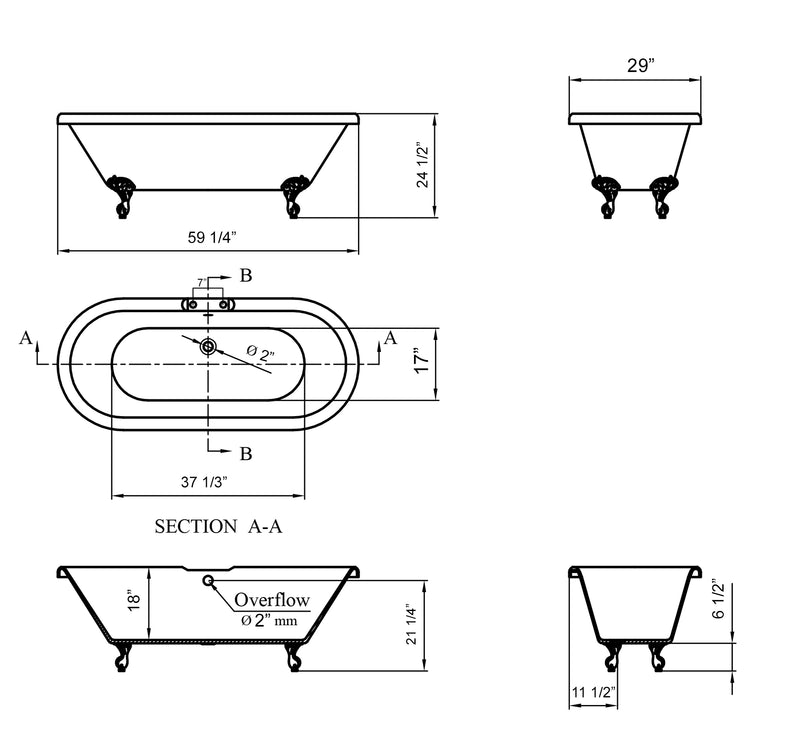 Cambridge Plumbing Acrylic Double Ended Clawfoot Bathtub 60" x 30" 7" Drillings BRZ Feet