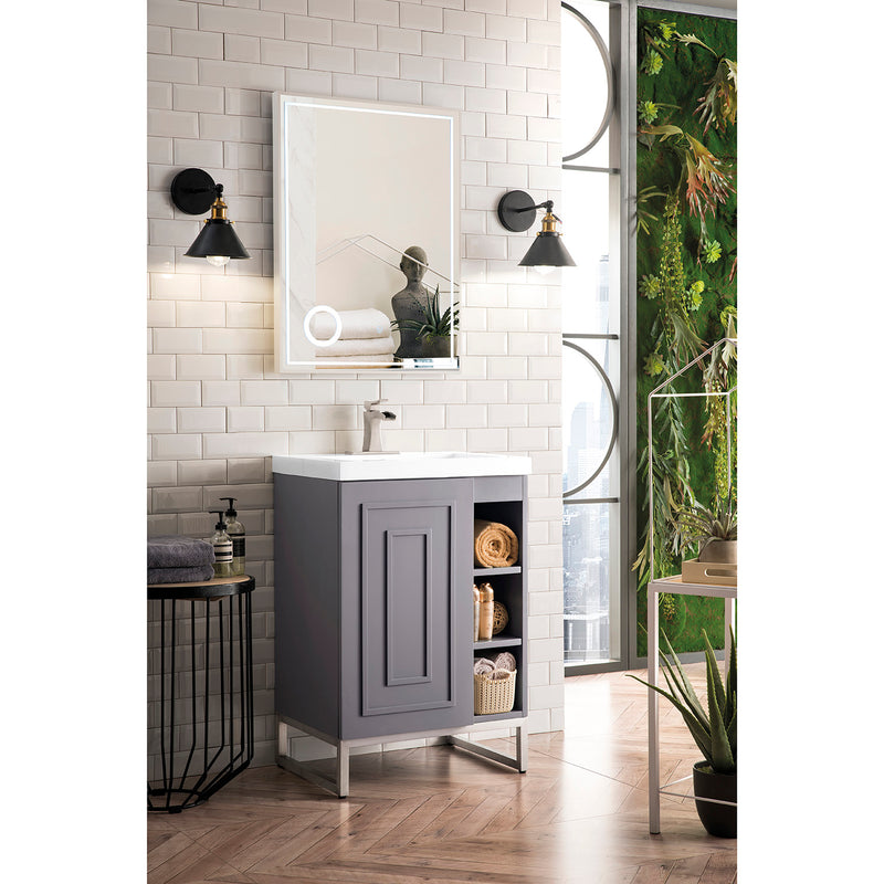 James Martin Alicante' 24" Single Vanity Cabinet Gray Smoke Brushed Nickel with White Glossy Composite Countertop E110V24GSMBNKWG