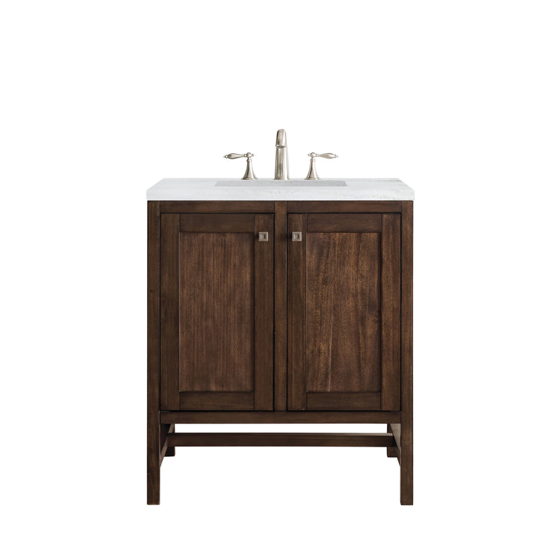 James Martin Addison 30" Single Vanity Cabinet with Doors Mid Century Acacia with 3 cm Arctic Fall Solid Surface Countertop E445-V30-MCA-3AF