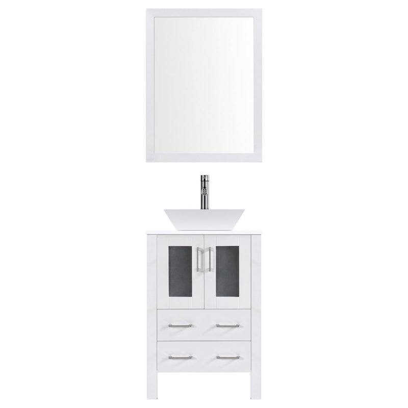 LessCare 24" Modern Vanity Sink Base with Mirror and Vessel Sink (White)