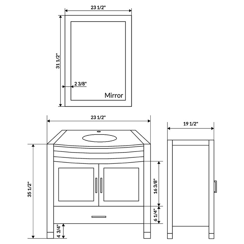 LessCare Style 3 24" Black Vanity Sink Base Cabinet with Mirror LV3-24B