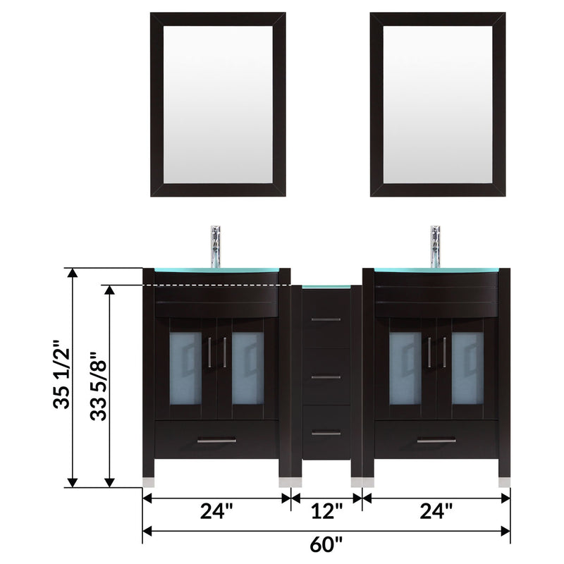 LessCare 60" Black Vanity Set Two 24" Sink Bases One 12 Drawer Base LV3-C13-60-B