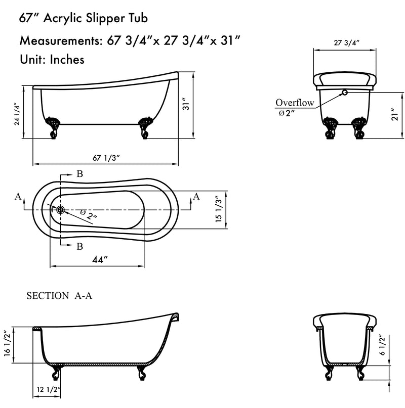 Cambridge Plumbing Acrylic Slipper Bathtub 67" x 28" No Faucet Drillings and BN Feet