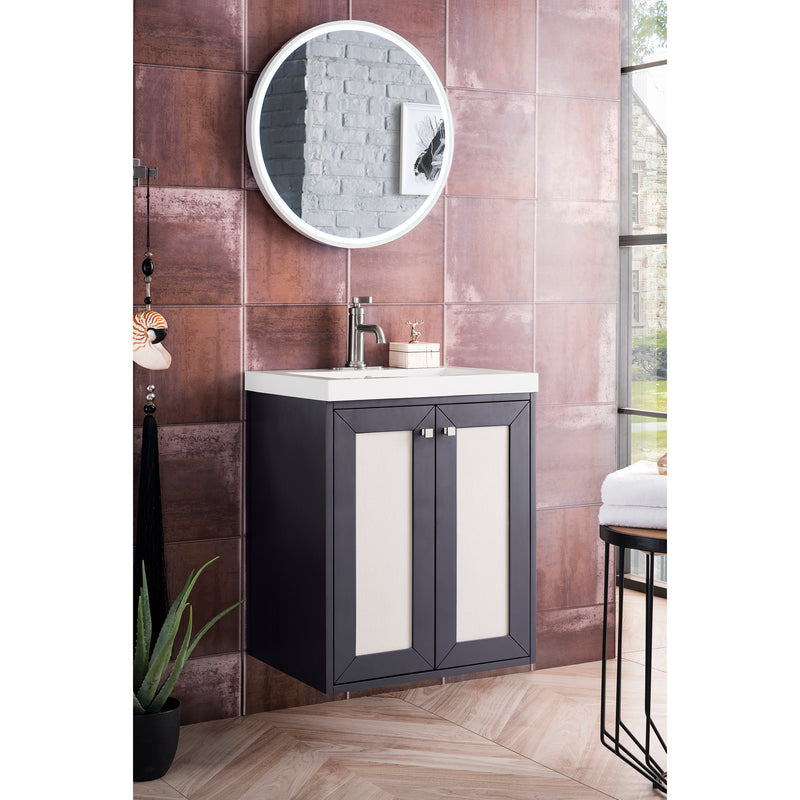 James Martin Chianti 24" Single Vanity Cabinet Mineral Gray with White Glossy Resin Countertop E303-V24-MG-WG