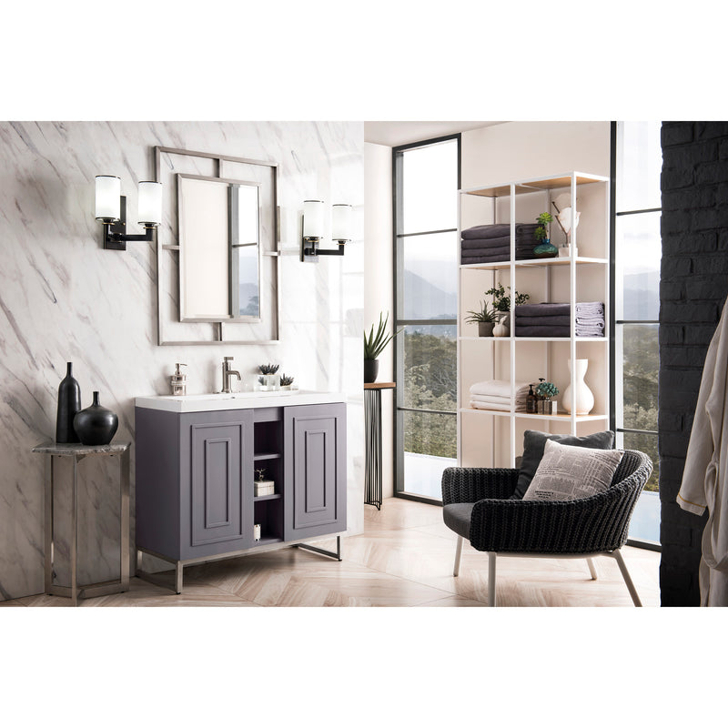 James Martin Alicante' 39.5" Single Vanity Cabinet Gray Smoke Brushed Nickel with White Glossy Resin Countertop E110-V39.5-GSM-BNK-WG