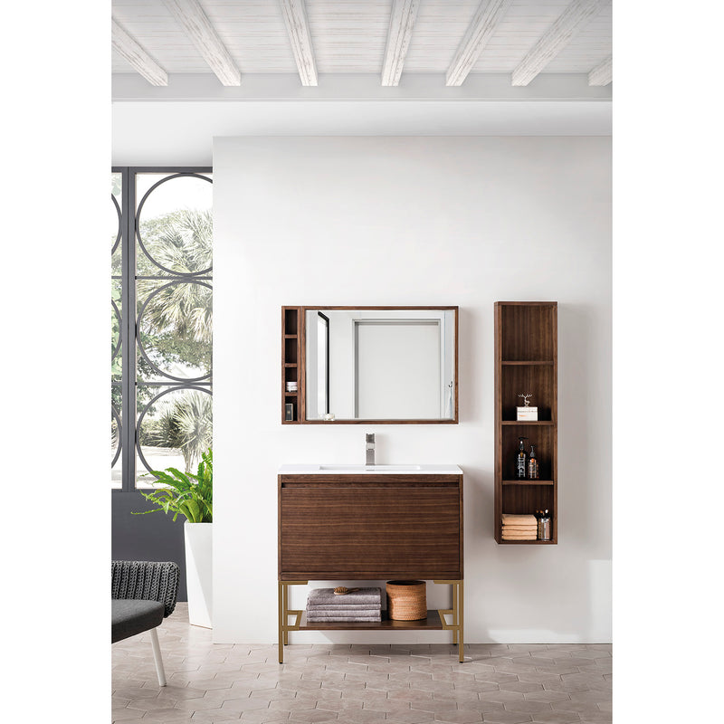 James Martin Milan 35.4" Single Vanity Cabinet Mid Century Walnut Radiant Gold with Glossy White Composite Top 801V35.4WLTRGDGW